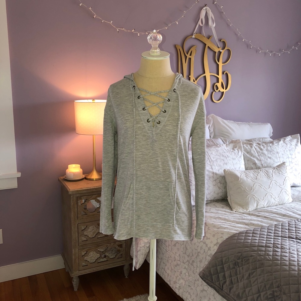 Thin Gray Lace-Up Sweatshirt